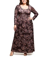 24seven Comfort Apparel Plus Blush Floral Long Sleeve Maxi Dress