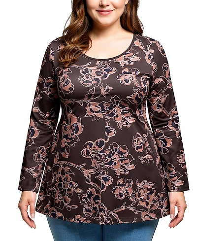 24seven Comfort Apparel Plus Brown Floral Print Long Sleeve Tunic Top