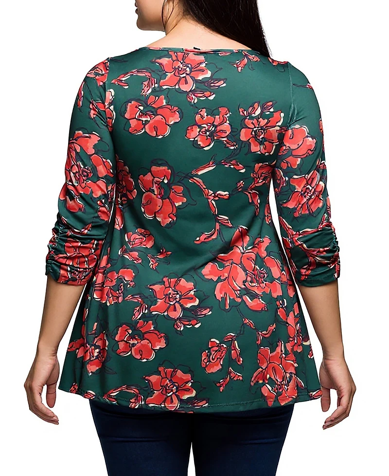 24seven Comfort Apparel Plus Green Floral Print Three Quarter Sleeve Tunic Top