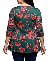 24seven Comfort Apparel Plus Green Floral Print Three Quarter Sleeve Tunic Top