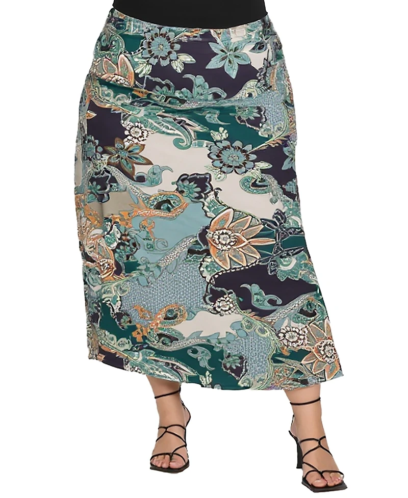 24seven Comfort Apparel Plus Green Paisley Print Midi Skirts