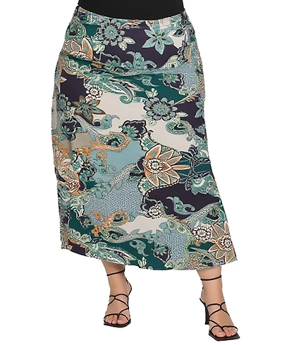 24seven Comfort Apparel Plus Green Paisley Print Midi Skirts