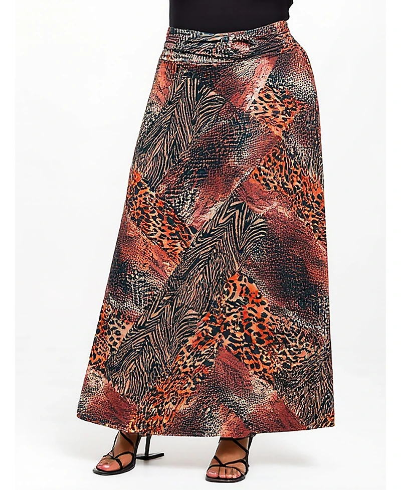 24seven Comfort Apparel Plus Brown Animal Patchwork Print Maxi Skirts
