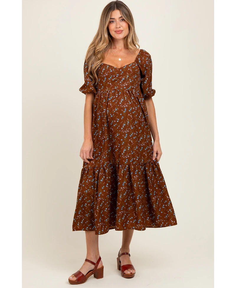 Pinkblush Maternity Mocha Floral Sweetheart Puff Sleeve Midi Dress