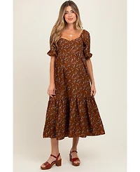 Pinkblush Maternity Mocha Floral Sweetheart Puff Sleeve Midi Dress