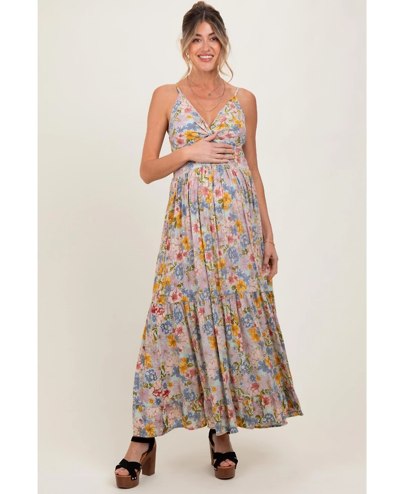 Pinkblush Maternity Mint Green Floral Twist Front Cutout Maxi Dress