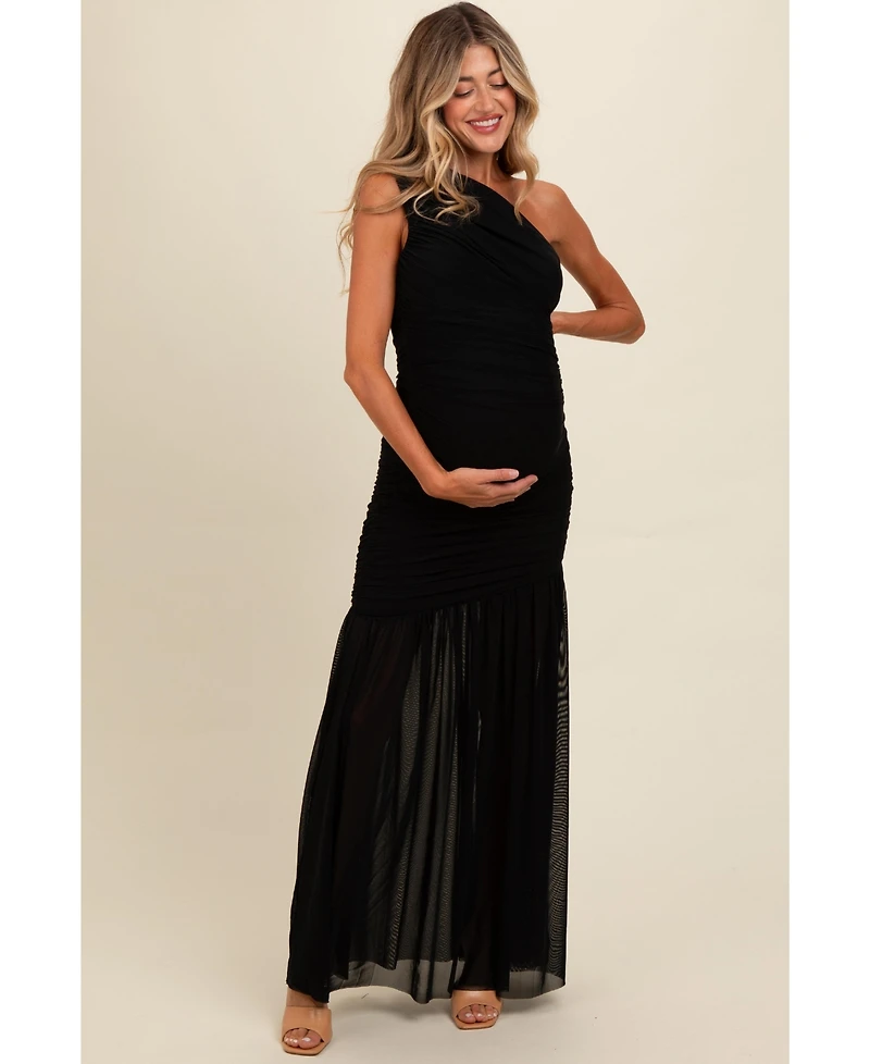 Pinkblush Light Pink Ruched Mesh One Shoulder Maternity Maxi Dress