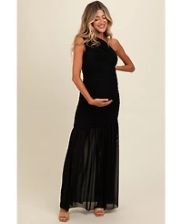 Pinkblush Light Pink Ruched Mesh One Shoulder Maternity Maxi Dress