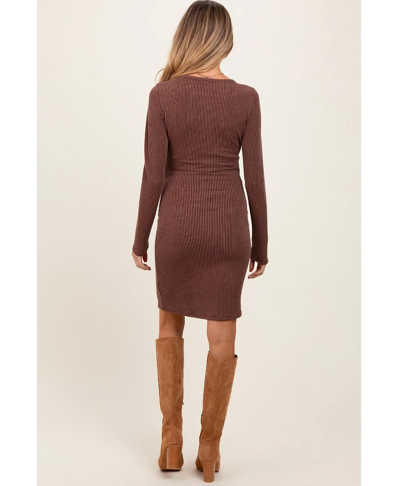 Pinkblush Maternity Brown Ribbed Long Sleeve Half Button Up Fitted Dress