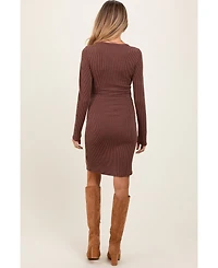 Pinkblush Maternity Brown Ribbed Long Sleeve Half Button Up Fitted Dress