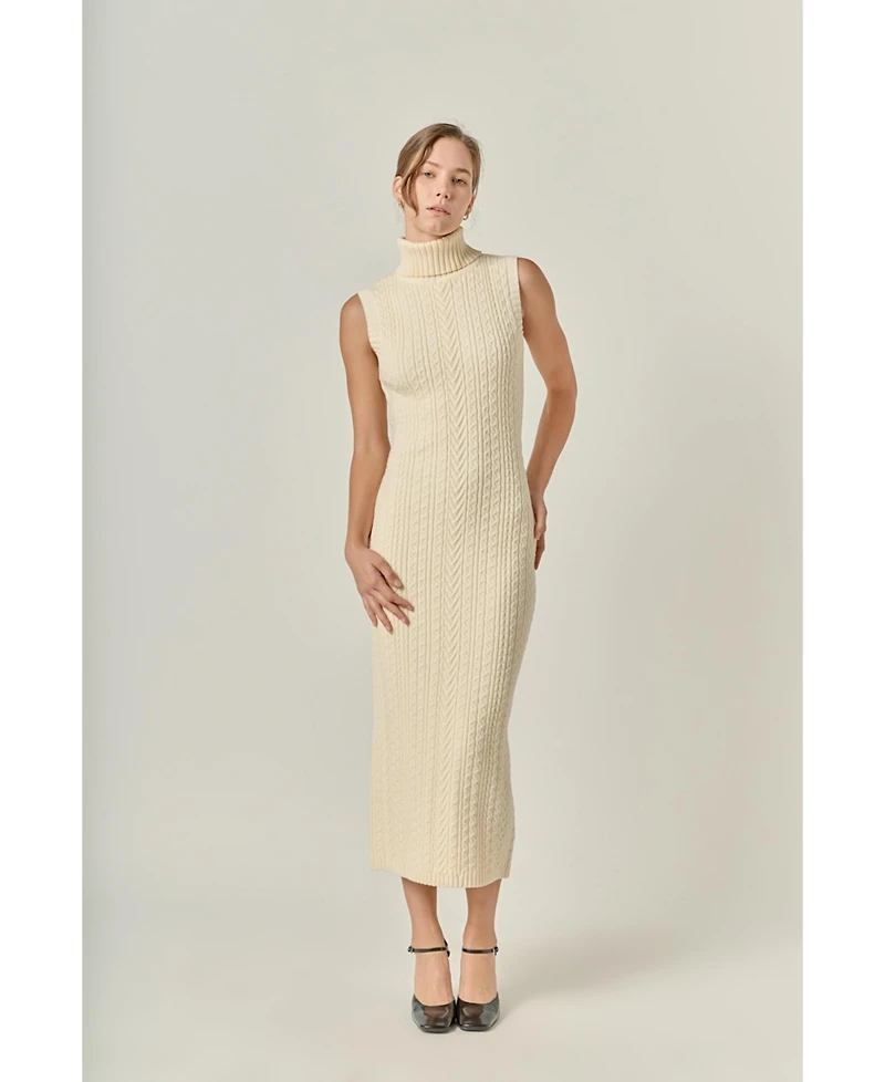 English Factory Women's Cable Knit Mock Neck Midi Dress