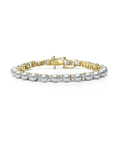 Sterling Silver with Clear Cubic Zirconia & White Pearl Tennis Bracelet Gold Plated or 14K
