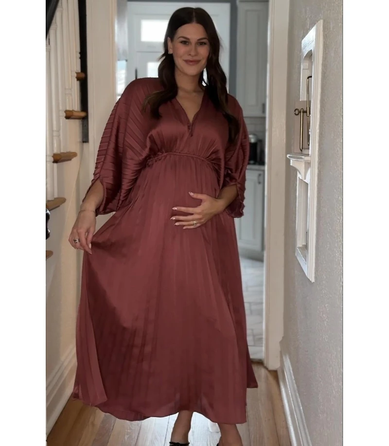 Pinkblush Maternity Mauve Satin Pleated V-Neck Maxi Dress