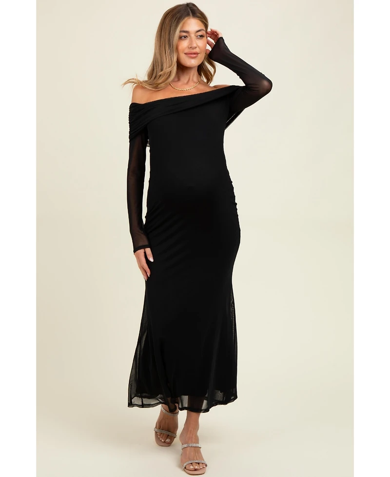 Pinkblush Maternity Black Mesh Overlay Off Shoulder Long Sleeve Midi Dress
