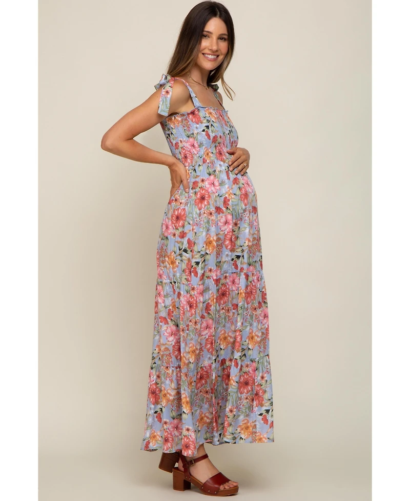 Pinkblush Maternity Light Blue Floral Smocked Shoulder Tie Tiered Maxi Dress