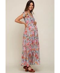 Pinkblush Maternity Light Blue Floral Smocked Shoulder Tie Tiered Maxi Dress