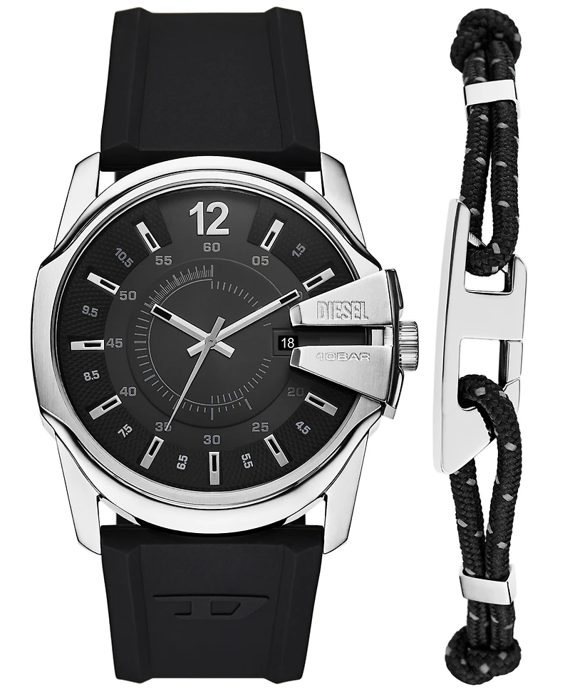 Diesel Men's Master Chief Quartz Three-Hand Date Black Silicone Watch Gift Set, 43mm