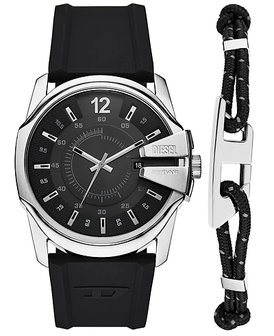 Diesel Men's Master Chief Quartz Three-Hand Date Black Silicone Watch Gift Set, 43mm