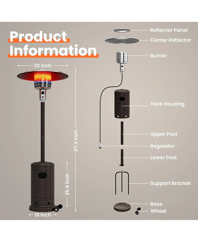 Pamapic 48000 Btu Outdoor Propane Patio Heater with Cover and Wheels