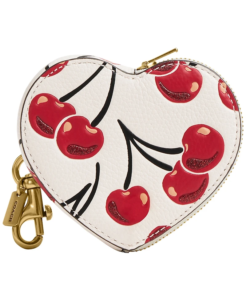 Coach Boxed Cherry Print Leather Heart Coin Purse