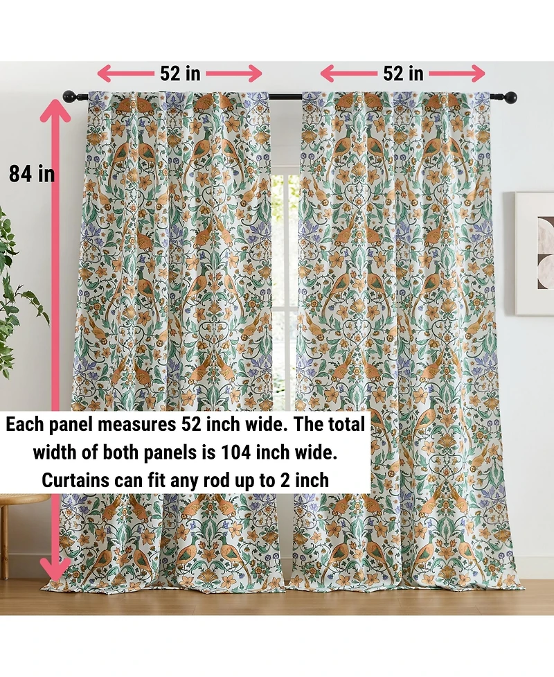 Hlc.me Florence Floral & Birds Patterned Window Back Tab Rod Pocket Curtains Bedroom - Light Blocking Darkening Window Panels