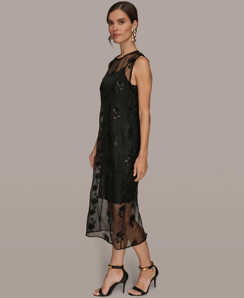 Donna Karan New York Women's Embroidered Sequin Slip Sleeveless Dress