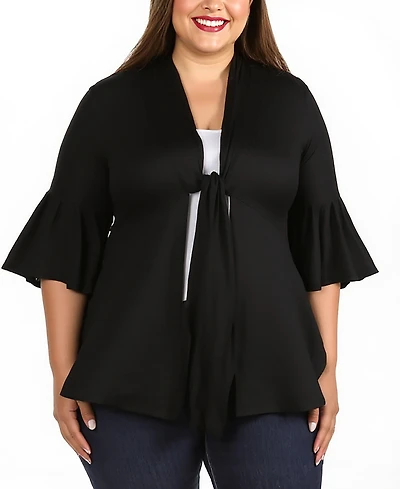 24seven Comfort Apparel Plus Tie Front Bell Sleeve Cardigan Jacket