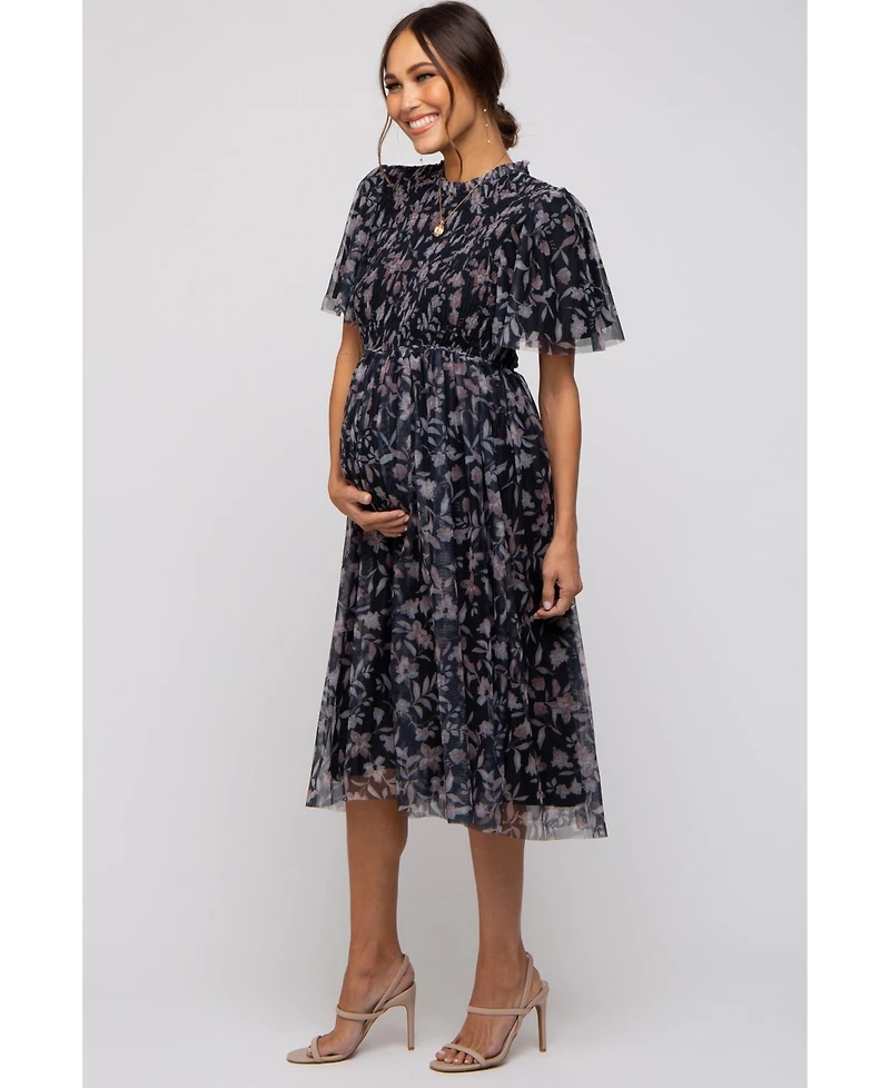 Pinkblush Maternity Black Floral Smocked Mesh Knit Midi Dress
