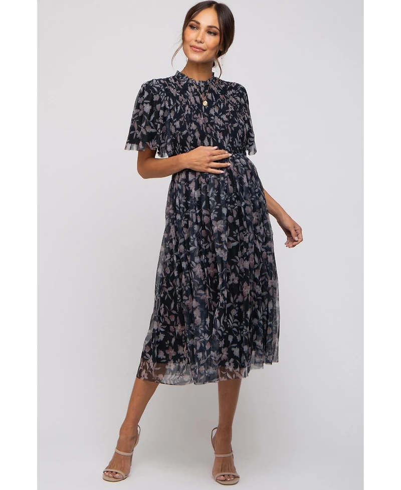 Pinkblush Maternity Black Floral Smocked Mesh Knit Midi Dress