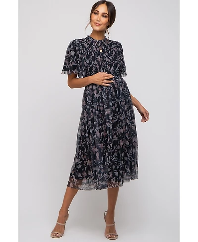 Pinkblush Maternity Black Floral Smocked Mesh Knit Midi Dress