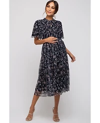 Pinkblush Maternity Black Floral Smocked Mesh Knit Midi Dress