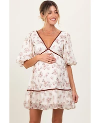 Pinkblush Maternity Cream Floral Deep V-Neck Back Cutout Dress