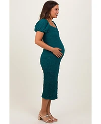 Pinkblush Forest Green Textured Square Neck Puff Sleeve Maternity Midi Dress