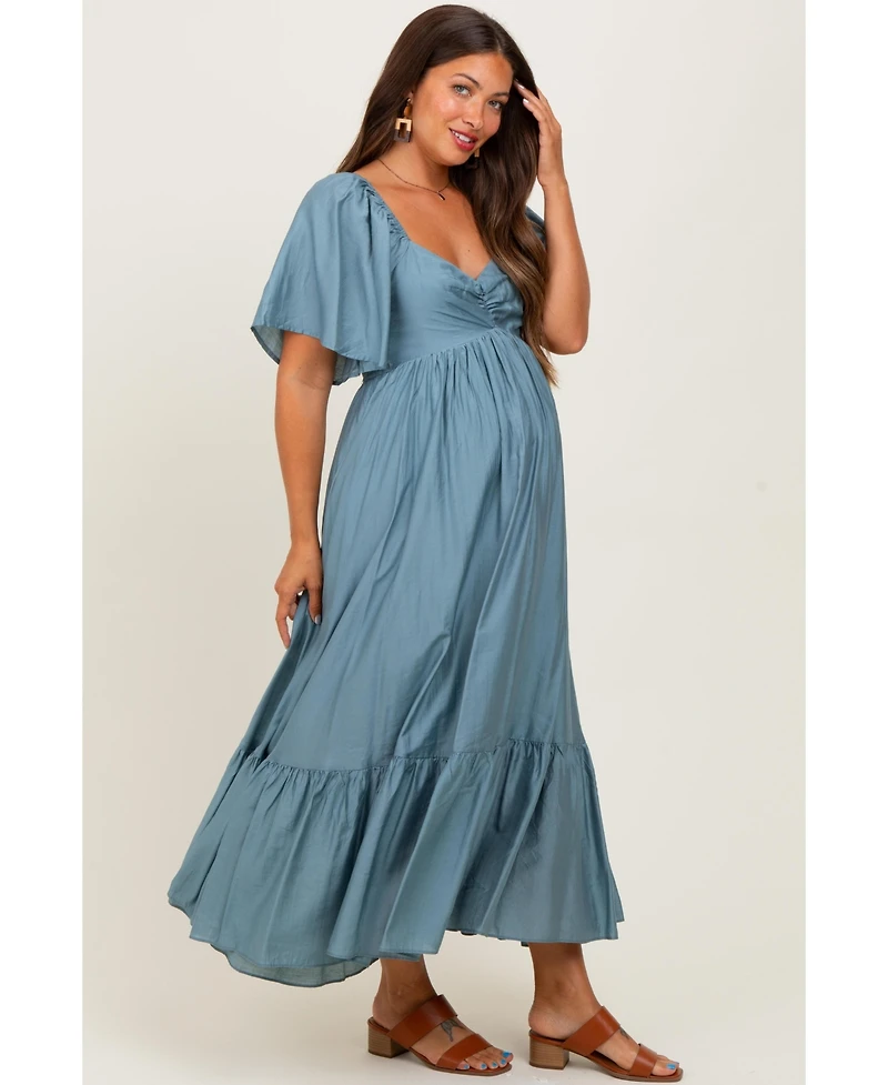 Pinkblush Maternity Blue Flutter Sleeve Ruffle Hem Midi Dress