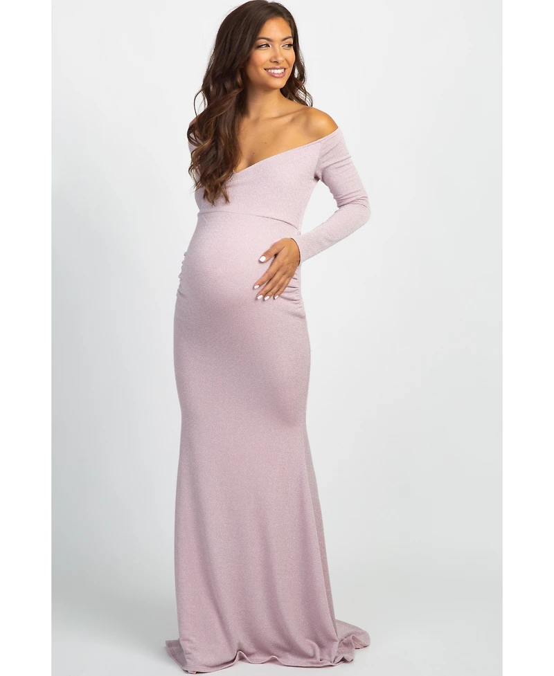 Pinkblush Maternity Pink Metallic Off Shoulder Long Sleeve Wrap Photoshoot Gown/Dress