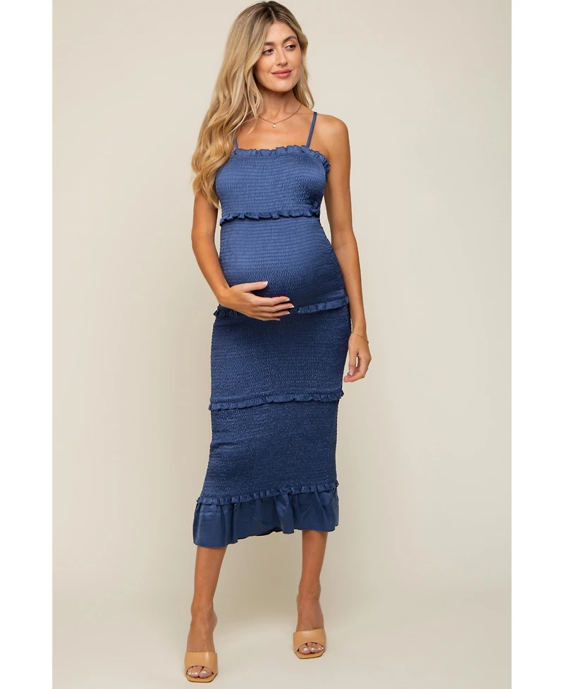 Pinkblush Olive Satin Smocked Fitted Maternity Maxi Dress