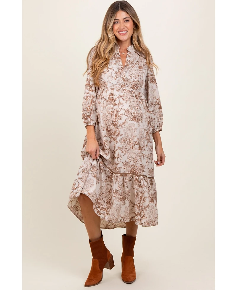 Pinkblush Maternity Brown Printed Split Ruffle Collar Midi Dress