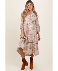 Pinkblush Maternity Brown Printed Split Ruffle Collar Midi Dress