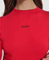 Dkny Jeans Women's Side Ruched High Neck Long Sleeve Top With Rhinestud Logo