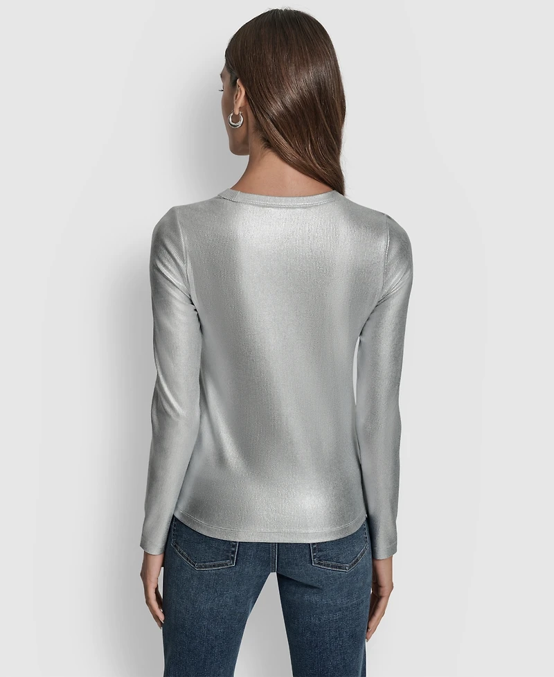 Dkny Jeans Women's Foil Rib Crewneck Long Sleeves Top