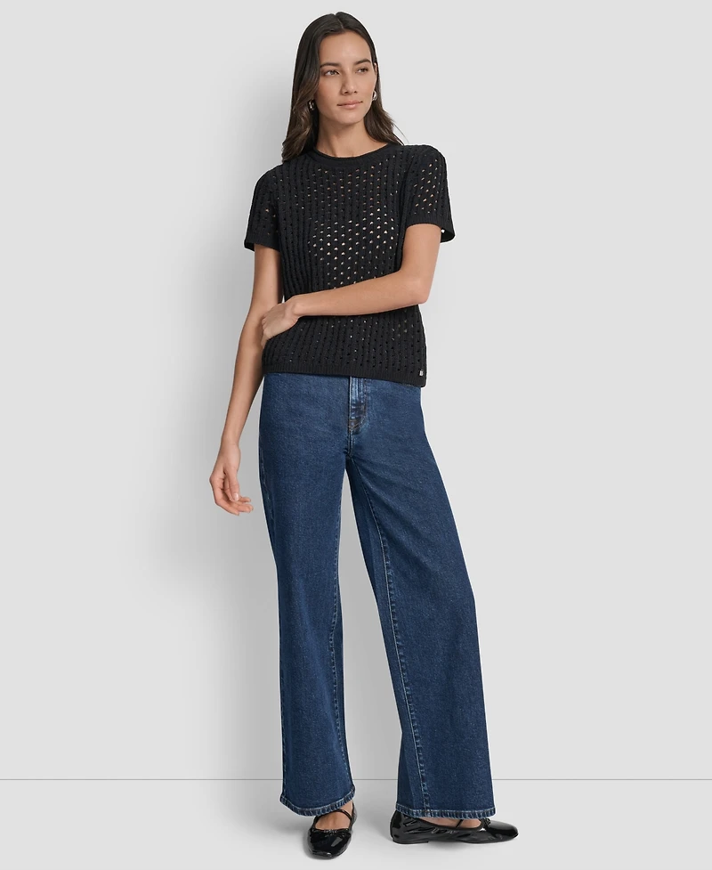 Dkny Jeans Women's Open Stitch Crewneck Short-Sleeve Sweater