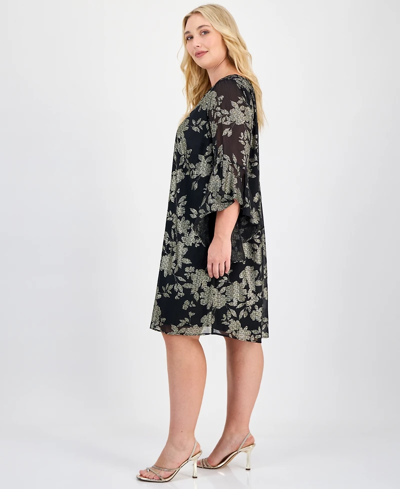 Connected Plus Ruffled-Cuff 3/4-Sleeve Dress