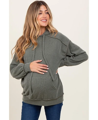 Pinkblush Maternity Olive Ribbed Front Pocket Drawstring Hoodie