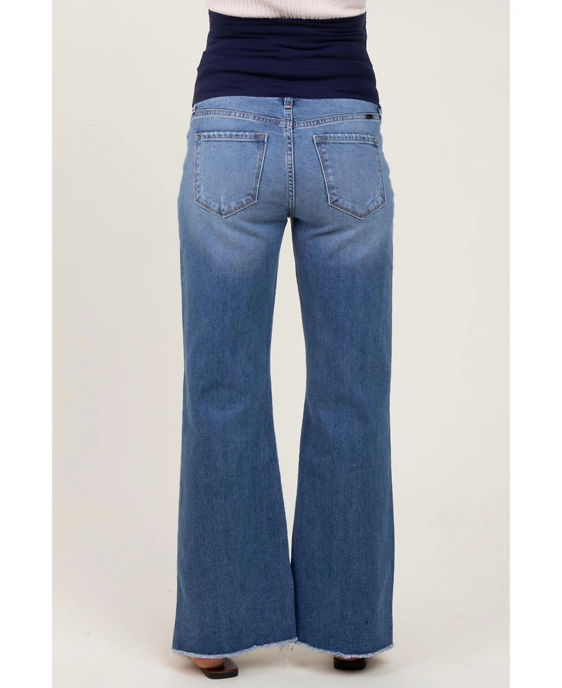 Pinkblush Blue Distressed Fringe Hi-Lo Hem Cropped Flare Maternity Jeans
