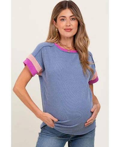Pinkblush Maternity Pink Ribbed Colorblock Detail Short Sleeve Top