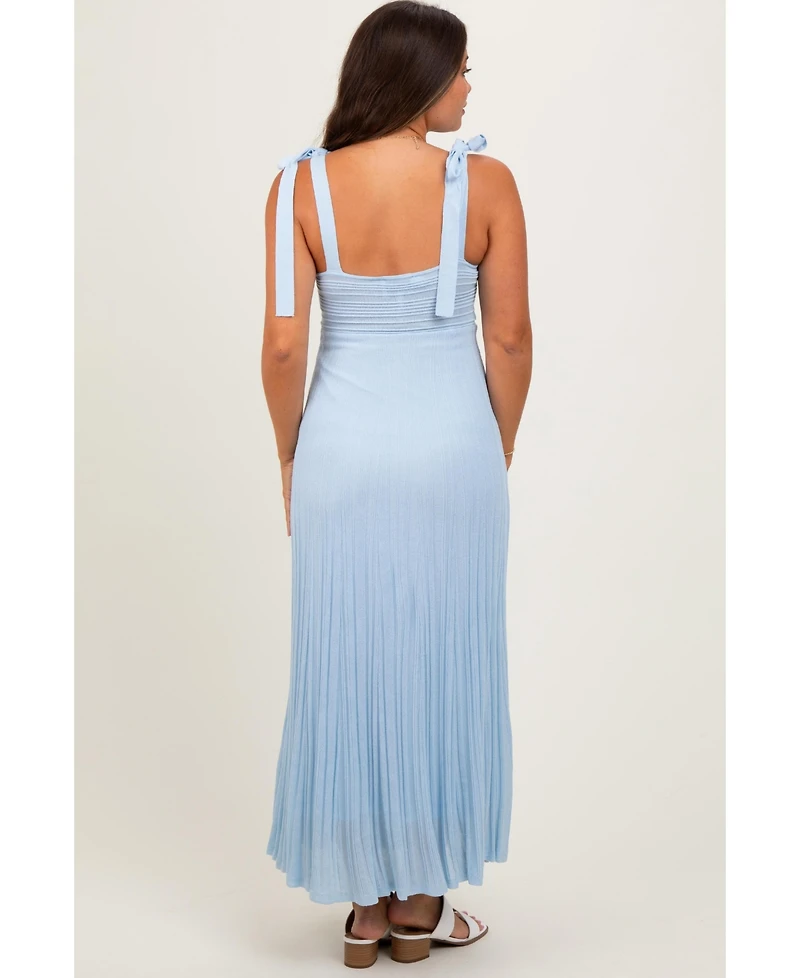 Pinkblush Light Blue Textured Knit Shoulder Tie Maternity Midi Dress