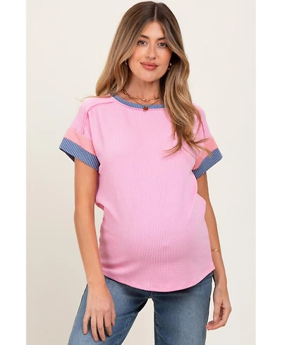 Pinkblush Maternity Pink Ribbed Colorblock Detail Short Sleeve Top