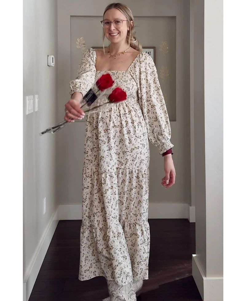 Pinkblush Maternity Cream Floral Smocked Long Sleeve Maxi Dress