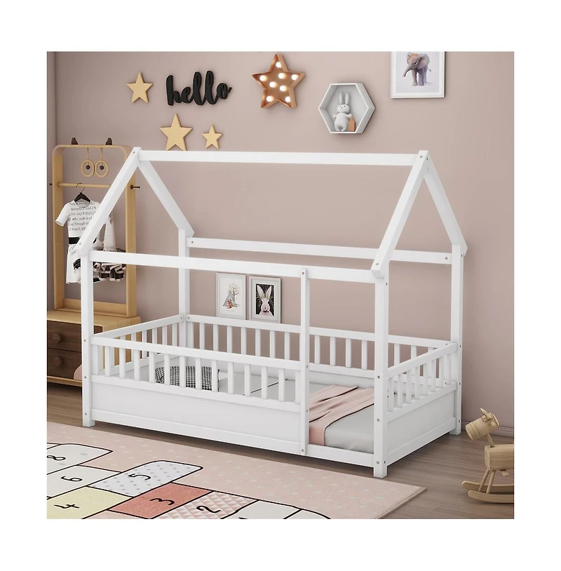 Cesicia Kids Wooden House Floor Bed with Roof & Fence Guardrails Twin Low Profile Play for Boys and Girls