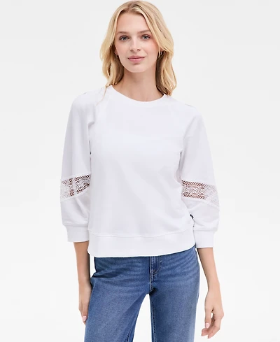 Nautica Women's Pleated Lace-Trim 3/4-Sleeve Sweatshirt